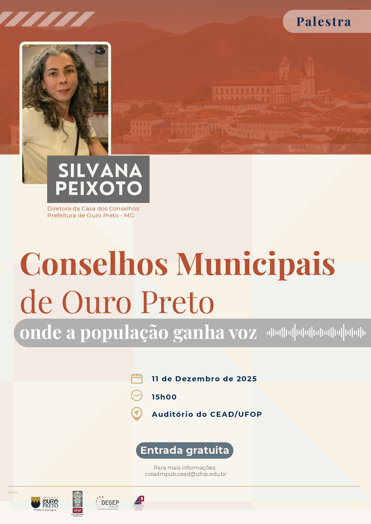 Banner da Palestra Conselhos Municipais de Ouro Preto: onde a população ganha voz.