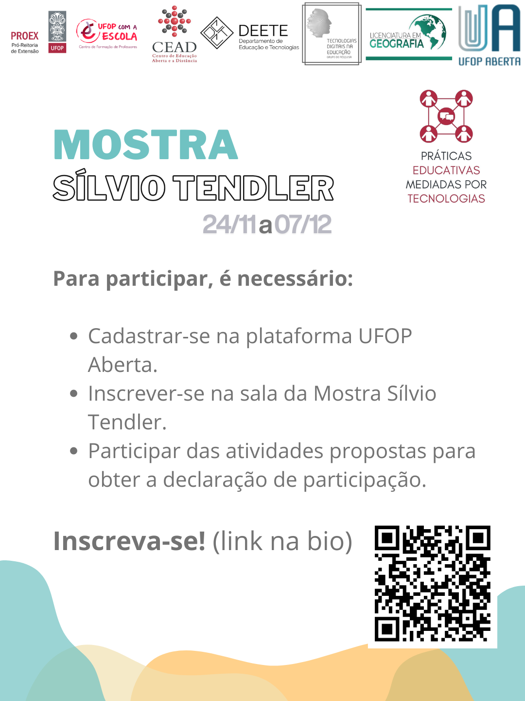Imagem com as instruções para participar da Mostra Sílvio Tender com o QR Code da sala virtual